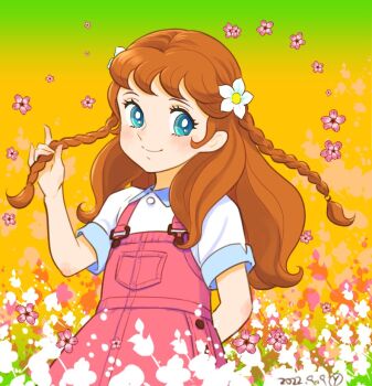 1girl arm_behind_back blue_eyes braid brown_hair charlotte_montburn closed_mouth collared_shirt commentary cowboy_shot dated flower hair_flower hair_ornament hair_over_shoulder hand_up long_hair looking_to_the_side overall_skirt overalls pink_flower pink_overalls playing_with_own_hair sakai_yume shirt signature smile solo standing twin_braids wakakusa_no_charlotte white_flower white_shirt