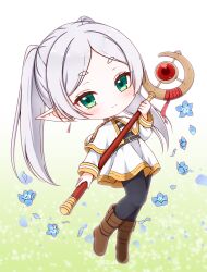 Rule 34 | 1girl, belt, black belt, black pantyhose, blue flower, blush, boots, brown footwear, capelet, chibi, closed mouth, commentary, elf, eyelashes, flower, frieren, gelulu, gradient background, green background, green eyes, grey hair, highres, holding, holding staff, long hair, looking at viewer, mage staff, pantyhose, pointy ears, short eyebrows, simple background, skirt, smile, solo, sousou no frieren, split mouth, staff, standing, thick eyebrows, tsurime, twintails, white background, white capelet, white skirt