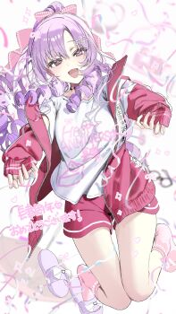 1girl :d absurdres blush bow breasts commentary_request glasses hair_bow happy_anniversary high_ponytail highres hyakumantenbara_salome hyakumantenbara_salome_(casual) jacket jumping knees_together_feet_apart large_breasts looking_at_viewer nijisanji open_clothes open_jacket open_mouth ponytail purple_eyes purple_hair shorts sleeves_past_wrists slippers smile socks solo unworn_eyewear virtual_youtuber wata_(attaka_towel)