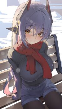 1girl absurdres arm_support bench black_pantyhose black_sweater blue_shorts blush breasts closed_mouth colored_inner_hair commentary commission crossed_bangs day english_commentary hair_between_eyes hair_intakes head_tilt headgear highres large_breasts lens_flare long_hair long_sleeves looking_at_viewer multicolored_hair on_bench pantyhose pantyhose_under_shorts pink_hair pixiv_commission poppi_(xenoblade) poppi_qtpi_(xenoblade) purple_hair red_scarf scarf september0405 short_shorts shorts sidelocks sleeves_past_wrists smile snow solo sweater sweater_tucked_in very_long_hair xenoblade_chronicles_(series) xenoblade_chronicles_2 yellow_eyes