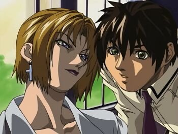 00s 1boy 1girl 2006 age_difference animated animated_gif bible_black bible_black_black_sacrifice bible_black_night_of_the_walpulgiss blonde_hair blue_eyes bow bowtie breasts cross cross_earrings earrings green_eyes jewelry kitami_reika lab_coat large_breasts licking licking_another's_cheek lipstick makeup minase_taki older_female_and_younger_male shirt short_hair tagme tongue tongue_out white_shirt witch