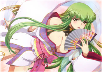 1girl :d blush c.c. code_geass green_hair hand_fan holding holding_fan japanese_clothes kaname_aomame kimono long_hair looking_at_viewer obi open_mouth paper_fan pink_nails sash smile solo thighhighs white_thighhighs yellow_eyes