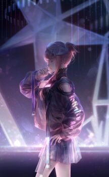 1girl artist_request bare_shoulders before_the_dawn_(shining_nikki) belt belt_collar beret black_jacket black_shirt blue_skirt card_(medium) closed_eyes closed_mouth clothes_writing clothing_cutout collar cowboy_shot eye_glitter eyelashes from_side game_cg hair_bun hand_in_own_hair hand_on_own_hip hat hat_tassel highres holding jacket lace lace-trimmed_shirt lace_trim light_particles long_sleeves miniskirt multicolored_nails multiple_belts nail_polish night nikki_(nikki) nikki_(series) object_request official_art open_clothes open_jacket outdoors parted_lips pink_hair pink_nails pleated_skirt puffy_long_sleeves puffy_sleeves purple_belt purple_nails see-through_clothes see-through_sleeves shining_nikki shirt short_hair_with_long_locks shoulder_cutout single_hair_bun skirt sleeveless sleeveless_shirt snowflakes solo stage standing star_(symbol) turtleneck turtleneck_shirt white_hat wrist_belt