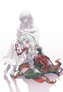 2girls absurdres bandage_over_one_eye bandaged_arm bandages barefoot black_pantyhose black_skirt braid chinese_commentary commentary_request dress dual_persona earrings full_body gradient_background grey_eyes grey_hair head_rest headpat high_heels highres jewelry long_hair looking_at_viewer low_twin_braids minglu_(gululu) multiple_girls musical_note_ornament pantyhose parted_lips phrolova_(wuthering_waves) red_dress simple_background sitting skirt twin_braids very_long_hair white_background wuthering_waves