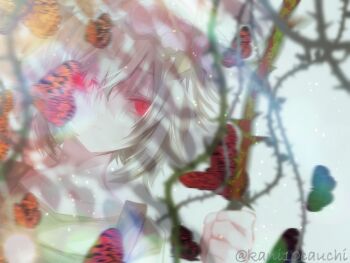 1boy alternate_eye_color basil_(headspace)_(omori) basil_(omori) blue_overalls bug butterfly closed_mouth collarbone colored_skin commentary_request flower flower_wreath green_shirt grey_hair hair_between_eyes head_wreath highres insect kauchi_(kani10cauchi) looking_at_viewer male_focus omori overalls plant red_eyes shirt short_hair sidelocks solo t-shirt thorns twitter_username upper_body vines white_skin