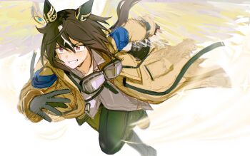 Rule 34 | 1girl, animal ears, black gloves, black pants, brown hair, cnsmsoup, coat, collared shirt, ear covers, gloves, goggles, goggles around neck, hair between eyes, highres, horse ears, horse girl, horse tail, long hair, multicolored hair, open mouth, pants, purple eyes, running, shirt, smile, solo, stay gold (umamusume), streaked hair, tail, torn clothes, torn coat, umamusume, white hair, white shirt, white wings, wings, yellow coat