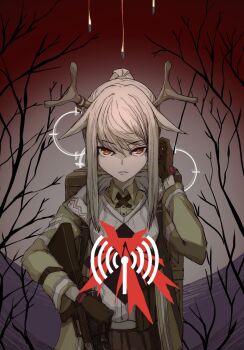 1girl antlers arknights bare_tree boushi-ya brown_eyes brown_gloves brown_hair collared_shirt commentary_request dress_shirt firewatch_(arknights) gloves green_jacket green_shirt gun hair_between_eyes hand_up highres holding holding_gun holding_weapon horns jacket long_hair long_sleeves looking_at_viewer parted_lips ponytail reindeer_antlers rifle scope shirt sniper_rifle solo sweater_vest tree upper_body v-shaped_eyebrows weapon