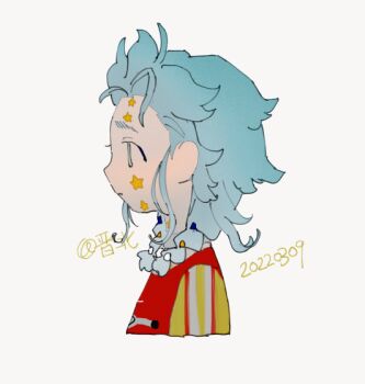 1girl :o ^^^ ^_^ animated animated_gif artist_name blue_eyes blue_hair blush braid bright_pupils chinese_commentary choker closed_eyes closed_mouth clothes_writing commentary_request cropped_torso dated dot_nose expressive_clothes expressive_hair eyelashes facial_tattoo hair_ornament hair_over_shoulder happy long_hair long_sleeves looking_at_viewer mismatched_pupils multiple_tattoos notice_lines original pom_pom_(clothes) red_shirt shirt simple_background smile solo star-shaped_pupils star_(symbol) star_hair_ornament star_tattoo surprised symbol-shaped_pupils tareme tattoo thick_eyebrows tnotss1 turning_around twin_braids vertical-striped_sleeves white_background white_choker white_pupils yellow_pupils yellow_sleeves