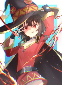 1girl absurdres belt belt_collar black_cape black_gloves black_hair blue_background blush cape chromatic_aberration collar collarbone commentary_request dress fingerless_gloves gloves hand_on_headwear hands_up hat highres kono_subarashii_sekai_ni_shukufuku_wo! long_sleeves looking_at_viewer magic medium_hair megumin nuko_tama315 off-shoulder_dress off_shoulder red_dress red_eyes short_dress solo tongue tongue_out two-tone_background upper_body v v_over_eye white_background witch_hat