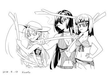 Rule 34 | 3girls, artist name, bikini, blunt bangs, breasts, cleavage, collarbone, commentary request, dated, frilled bikini, frills, greyscale, hair over one eye, hand on own hip, hat, holding, kumin (6939359), large breasts, long hair, medium hair, monochrome, motion lines, multicolored hair, multiple girls, navel, one side up, origami yukari, satsuki yomi, sidelocks, simple background, sketch, smile, smoking, spring onion, standing, stomach, striped bikini, striped clothes, sun hat, sunglasses, swimsuit, toji no miko, tsubakuro yume, two-tone hair, v-shaped eyebrows, very long hair, white background