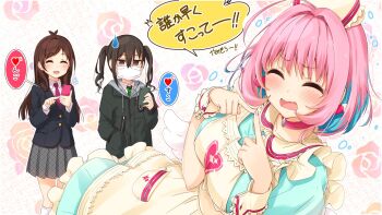 Rule 34 | 3girls, ahoge, apron, black hair, blush, breasts, brown hair, cellphone, chm (macharge), closed eyes, earrings, fidgeting, flower, hat, highres, idolmaster, idolmaster cinderella girls, index fingers together, jacket, jewelry, mask, mouth mask, multicolored hair, multiple girls, nurse cap, open mouth, phone, pill earrings, pink hair, school uniform, sunazuka akira, tears, translation request, tsujino akari, twintails, wings, yumemi riamu