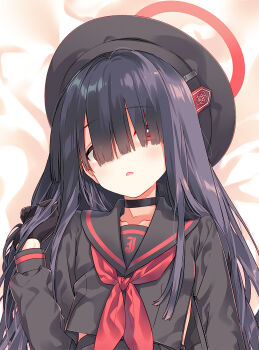 1girl arikawa_satoru beret black_choker black_gloves black_hair black_hat black_sailor_collar black_serafuku black_shirt blue_archive choker commentary_request covered_eyes gloves hair_over_eyes halo hat highres justice_task_force_member_(blue_archive) long_bangs long_hair long_sleeves neckerchief red_halo red_neckerchief sailor_collar school_uniform serafuku shirt solo upper_body