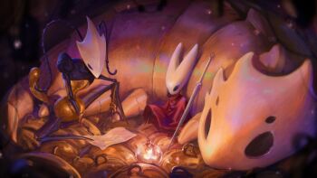 2girls armor arthropod_girl bell_beast_(hollow_knight) caio_santos cloak commentary english_commentary gold_armor highres hollow_knight hollow_knight:_silksong hornet_(hollow_knight) lantern map multiple_girls needle_(hollow_knight) red_cloak shakra_(hollow_knight) sitting