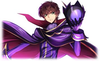 1boy black_cape black_gloves brown_hair cape closed_mouth code_geass code_geass:_lost_stories commentary_request dated f4samurai from_side gloves green_eyes helmet highres holding holding_unworn_helmet kururugi_suzaku male_focus official_art short_hair simple_background solo standing transparent_background unworn_headwear unworn_helmet