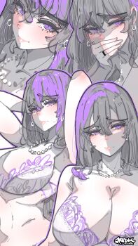 1girl absurdres arms_behind_head artist_name bra breasts cleavage closed_mouth commentary covering_own_mouth double-parted_bangs earrings english_commentary grey_hair hair_between_eyes hand_over_own_mouth highres huge_breasts jewelry jrpencil long_hair looking_at_viewer multicolored_hair multiple_views necklace original pearl_necklace purple_bra purple_eyes purple_hair raised_inner_eyebrows ring straight_hair two-tone_hair underwear underwear_only