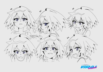 1girl clenched_teeth commentary copyright_name english_commentary frown grey_background lineart multiple_expressions multiple_views original portrait rikani shaded_face short_hair simple_background spot_color teeth thick_eyebrows