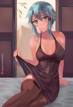 1girl arm_support bare_arms bare_shoulders black_dress blue_eyes blue_hair breasts breasts_apart brown_thighhighs clothes_lift commentary double-parted_bangs dress dress_lift english_commentary eyelashes feet_out_of_frame fuzzlogik hair_between_eyes hair_ornament hairclip highres indoors light_frown looking_at_viewer medium_breasts medium_hair paid_reward_available parallel_hairclips patreon_logo patreon_username sinon sitting skindentation solo spaghetti_strap sword_art_online thighhighs thighs watermark web_address