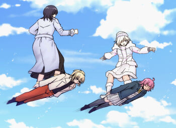 Rule 34 | 4girls, absurdres, ahoge, beanie, black hair, black shirt, black shoes, black skirt, black thighhighs, blonde hair, blue coat, blue jacket, blue sky, buttons, cloud, coat, commentary request, day, double-breasted, frilled sleeves, frills, fur-trimmed skirt, fur-trimmed socks, fur trim, gintama, hat, highres, hood, hood down, hooded jacket, hoverboard, human board, jacket, kishimen hair, long sleeves, love live!, love live! nijigasaki high school idol club, medium hair, medium skirt, mia taylor, midair, miniskirt, miyashita ai, multiple girls, neck ribbon, nijigasaki school uniform, open clothes, open jacket, orange pants, pants, pink hair, pleated skirt, ribbon, scene reference, school uniform, shirt, shoes, short hair, skirt, sky, socks, tennoji rina, thighhighs, typeakiha73, white delight (love live!), white hair, white hat, white jacket, white skirt, white socks, yellow ribbon, zettai ryouiki