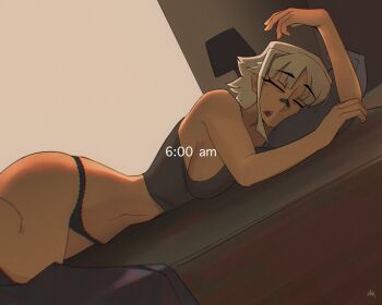 1girl bandaid bandaid_on_face bandaid_on_nose bed bedroom black_panties breasts closed_eyes commentary cowboy_shot crop_top english_commentary facing_viewer grawlix_(shibansfw) grey_hair grey_tank_top highres indoors large_breasts on_bed open_mouth original panties parted_bangs shibansfw short_hair sideboob sleeping solo tank_top timestamp underwear