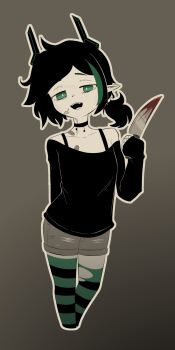 1girl ahoge bandaid bandaid_on_chest bandaid_on_neck black_hair blood bloody_knife choker clavicles elf elfinpsyop green_eyes highres holding holding_knife horns indie_virtual_youtuber knife loli mechanical_horns mettoretto neck pointy_ears smug socks solo standing striped_clothes striped_socks torn_clothes torn_socks virtual_youtuber yandere