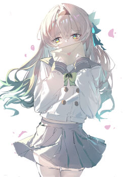 1girl absurdres aqua_pupils averting_eyes black_headband blush brown_eyes buttons commentary covering_own_mouth cowboy_shot double-breasted facing_viewer firefly_(honkai:_star_rail) firefly_(spring_missive)_(honkai:_star_rail) gradient_hair grey_sailor_collar grey_skirt hair_intakes hair_ornament hands_up headband highres holding holding_letter honkai:_star_rail honkai_(series) hua_(yijing) letter long_sleeves looking_to_the_side love_letter midriff_peek multicolored_eyes multicolored_hair official_alternate_costume pleated_skirt sailor_collar school_uniform serafuku shirt shy simple_background skirt sleeve_cuffs solo standing thighhighs two-tone_eyes two-tone_hair unfinished white_background white_hair white_shirt white_thighhighs yellow_eyes zettai_ryouiki