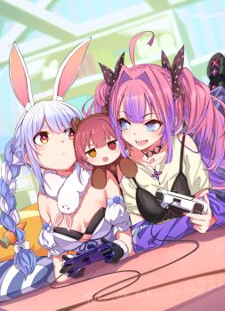 3girls :/ :o ahoge animal_ear_fluff animal_ears arm_warmers black_boots black_bra black_gloves black_ribbon blue_eyes blue_hair blurry blurry_background blush boots bow bra bra_over_clothes braid breasts carrot_hair_ornament closed_mouth commentary_request controller cushion detached_sleeves don-chan_(usada_pekora) eye_contact feet_up fingernails food-themed_hair_ornament game_controller gloves hair_bow hair_intakes hair_ornament hair_ribbon heterochromia highres holding holding_controller holding_game_controller hololive hololive_dev_is houshou_kumarine houshou_marine indoors kikirara_vivi kikirara_vivi_(1st_costume) long_fingernails long_hair looking_at_another lying medium_breasts multicolored_hair multiple_girls nail_polish on_stomach one_eye_covered open_mouth orange_eyes pink_hair purple_arm_warmers purple_hair purple_nails purple_sleeves rabbit-shaped_pupils rabbit_ears rabbit_girl red_eyes red_hair ribbon shirt shoe_soles short_eyebrows short_sleeves small_breasts smile symbol-shaped_pupils taka.yana twitter_username two-tone_hair underwear usada_pekora usada_pekora_(1st_costume) virtual_youtuber white_bow white_hair white_shirt yellow_eyes