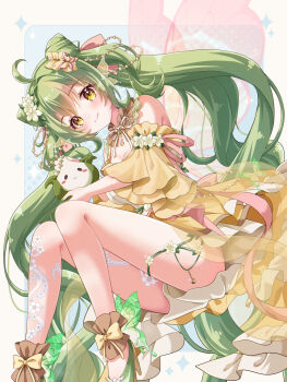 Rule 34 | 1girl, ahoge, ankle garter, bow, bowtie, breasts, brown collar, butterfly hair ornament, butterfly wings, cleavage, closed mouth, collar, commentary, commission, cone hair bun, corset, creature, crescent ornament, detached collar, double bun, dress, english commentary, flower, frilled dress, frills, green hair, green shoes, hair bun, hair flower, hair ornament, hair ribbon, highres, inanna bell, indie virtual youtuber, insect wings, long hair, neck ribbon, off-shoulder dress, off shoulder, pink ribbon, ribbon, shoes, twintails, very long hair, virtual youtuber, white corset, white flower, white ribbon, wide sleeves, wings, yellow bow, yellow bowtie, yellow dress, yellow eyes, yui mirano