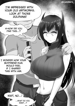 1boy 1girl belt blackmail breasts clover_hair_ornament collarbone comdost_(vtuber) constricted_pupils covered_collarbone crop_top cumdare english_text four-leaf_clover_hair_ornament greyscale hair_ornament hand_on_another&#039;s_shoulder highres horns indie_virtual_youtuber large_breasts long_hair midriff monochrome motion_lines navel pants ribbed_shirt shirt sleeveless sleeveless_shirt speech_bubble sweat trembling twitter_username virtual_youtuber