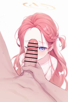 1boy 1girl absurdres bar_censor blue_archive blue_eyes blush bow braid censored completely_nude erection forehead hair_bow halo hetero highres krixxis4 loli long_hair looking_at_penis looking_at_viewer male_masturbation masturbation nude one_eye_closed orange_halo penis penis_on_face penis_over_one_eye pov pov_crotch red_hair side_braid simple_background sweat veins veiny_penis very_long_hair white_background yuzu_(blue_archive)