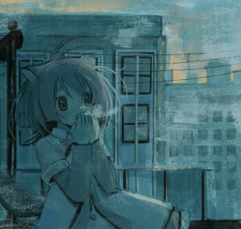 1girl animal_ears breath building cat_ears cat_girl city coat cold commentary english_commentary hand_to_own_mouth hands_up highres layered_sleeves long_sleeves original outdoors pepeppepe101 short-sleeved_coat short_over_long_sleeves short_sleeves solo upper_body