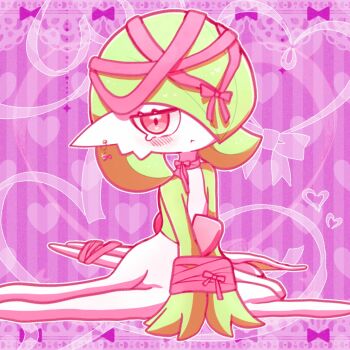 blush colored_skin dress gardevoir gen_3_pokemon green_skin hair_over_one_eye heart heart_background highres looking_at_viewer multicolored_skin nintendo pink_eyes pink_ribbon pokemon pokemon_(creature) purple_background ribbon sitting striped_background two-tone_skin white_dress white_skin yuri_(fl0werspace)