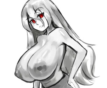 103anon 1girl breasts commentary_request hand_on_own_hip highres huge_breasts large_areolae long_hair looking_at_viewer nipples red_eyes sash spot_color topless_female touhou upper_body very_long_hair yuiman_asama