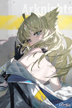 1girl animal_ears arknights arknights:_endfield bare_back bare_shoulders bird_ears bird_girl black_gloves blonde_hair blue_eyes chinese_commentary commentary_request from_behind gloves highres jacket long_hair looking_at_viewer off_shoulder perlica_(arknights) playing_with_own_hair qys3 shadow solo upper_body white_jacket yellow_pupils