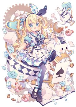 1girl :d ace_(playing_card) ace_of_spades alice&#039;s_adventures_in_wonderland alice_(alice_in_wonderland) apron argyle_clothes argyle_pantyhose black_bow black_bowtie black_hairband black_pantyhose blonde_hair blue_dress blue_eyes blue_flower blue_petals blue_rose blush book bow bow_hairband bowtie brown_shoes card checkered_clothes checkered_dress commentary cup dress flower food frilled_apron frills fruit full_body gear_hair_ornament gears hair_flower hair_ornament hairband heart highres holding holding_cup hyou_(pixiv3677917) key long_hair macaron multicolored_pantyhose open_book open_mouth oversized_object pantyhose playing_card playing_card_hair_ornament playing_card_print pocket_watch print_pantyhose ribbon-trimmed_apron ribbon-trimmed_sleeves ribbon_trim rose shoes short_sleeves signature simple_background sitting smile solo spade_(shape) spoon strawberry sugar_cube tea teacup teapot watch white_apron white_background white_flower white_pantyhose white_petals white_rabbit_(animal) white_rose wrist_cuffs