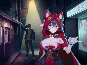 1boy 1girl action_taimanin alternate_costume animal_ears belt breasts cleavage curvy demon_girl fake_animal_ears fuuma_kotarou_(taimanin_series) game_cg hair_between_eyes hat highres hood jacket large_breasts lilith-soft midriff multicolored_hair night non-web_source official_alternate_costume open_clothes open_jacket outdoors pulling purple_hair red_hair red_jacket road shiny_skin spinel_(taimanin_series) strapless street taimanin_(series) tube_top two-tone_hair wide_hips yellow_eyes yoya_tt