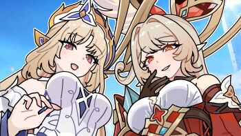 2girls absurdres alice_(genshin_impact) bare_shoulders beret black_collar blonde_hair blue_gem blue_sky blue_sleeves breasts clear_sky collar colored_fingertips cowlick cross-laced_clothes cross-laced_dress cross-shaped_pupils detached_collar detached_sleeves dress eyelashes feathers from_below gem genshin_impact gimnang gold_halo hair_intakes hashtag-only_commentary hat hat_feather heart-shaped_gem highres large_breasts layered_sleeves long_hair looking_at_viewer looking_down medium_breasts multiple_girls nicole_reeyn open_mouth orange_eyes outdoors outline parted_bangs parted_lips pink_eyes pink_lips pointy_ears pov purple_hat red_dress red_gemstone red_sleeves sidelocks sky smile symbol-shaped_pupils teeth tongue two-tone_hat upper_teeth_only white_dress white_feathers white_hair white_mouth white_outline white_sleeves wispy_bangs