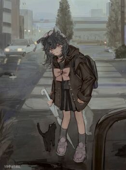 1girl absurdres animal_ear_fluff animal_ears backpack bag black_cat blush cat dog_ears highres open_mouth original ribbon sushineko8 umbrella