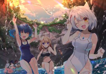 3boys 3girls alternate_costume bikini black_bikini blue_eyes breast_tattoo breasts brown_hair chest_jewel commentary_request eunie_(xenoblade) fiery_hair glowing_lines head_wings highres lanz_(xenoblade) large_breasts manana_(xenoblade) medium_hair mio_(xenoblade) multiple_boys multiple_girls noah_(xenoblade) nopon old_school_swimsuit one-piece_swimsuit outdoors riku_(xenoblade) school_swimsuit sena_(xenoblade) sunset swimsuit taion_(xenoblade) tattoo wading watsuki_ayamo wings xenoblade_chronicles_(series) xenoblade_chronicles_3