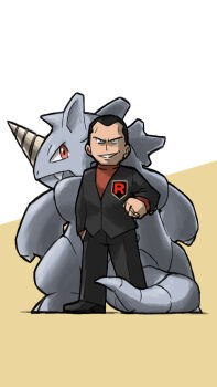1boy black_hair black_jacket black_pants black_shoes blacknirrow brown_background closed_mouth commentary english_commentary fang gen_1_pokemon giovanni_(pokemon) grin hand_in_pocket highres horns jacket jewelry looking_back nintendo pants pokemon pokemon_(creature) pokemon_lgpe red_eyes red_shirt rhydon ring shirt shoes short_hair simple_background single_horn smile standing team_rocket two-tone_background v-shaped_eyes white_background