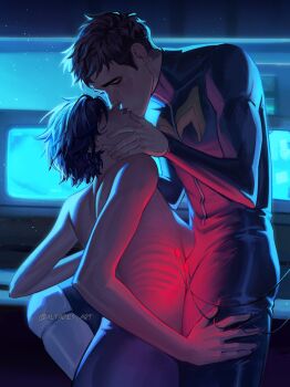 1boy 1girl absurdres altades_art artist_name black_hair bodysuit breasts closed_eyes commentary couple dark dispatch glowing hands_on_another&#039;s_face hands_on_another&#039;s_neck hands_on_another&#039;s_thighs hetero highres indoors invisigal_(dispatch) kiss long_sleeves monitor robert_robertson short_hair small_breasts topless_female wire zipper