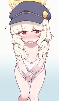 1girl absurdres aoba_(blue_archive) bare_arms bare_shoulders blonde_hair blue_archive blue_background blue_hat blush bow bow_camisole breasts brown_eyes camisole camisole_pull clothes_pull covering_privates dot_nose embarrassed feet_out_of_frame flying_sweatdrops gradient_background hair_ornament hairclip halo hand_up hat highres lk149 loli long_hair looking_at_viewer low_twintails naked_shirt newsboy_cap open_mouth peaked_cap pink_bow shirt simple_background small_breasts solo standing sweat sweatdrop thighs twintails wavy_mouth white_background white_camisole yellow_halo