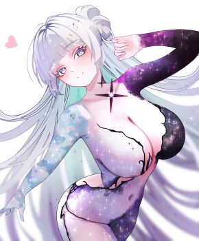 1girl absurdres blue_eyes bodysuit breasts cleavage commentary covered_navel goddess_of_victory:_nikke heart highres huge_breasts long_hair looking_at_viewer multicolored_bodysuit nayuta_(nikke) nayuta_(wu_wei)_(nikke) official_alternate_costume simple_background smile solo two-tone_bodysuit velmillix very_long_hair white_background white_hair