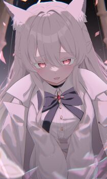 1girl absurdres akira_(blue_archive) anima_miko animal_ear_fluff animal_ears belt black_bow black_bowtie blouse blue_archive bow bowtie cat_ears cat_girl cat_tail coat coat_on_shoulders colored_eyelashes eye_mask gloves highres holding holding_mask long_hair long_sleeves mask pants phantom_thief red_eyes ribbon shirt tail white_belt white_eyelashes white_gloves white_pants white_shirt