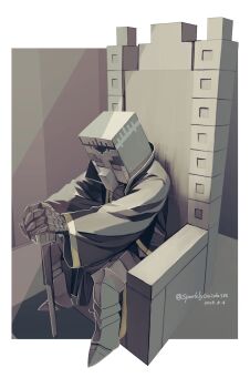1boy armor black_jacket colored_skin dated gauntlets greaves grey_eyes grey_skin highres illager_(minecraft) jacket looking_down male_focus metal_gloves minecraft shadow sitting solo sparklyguide throne twitter_username