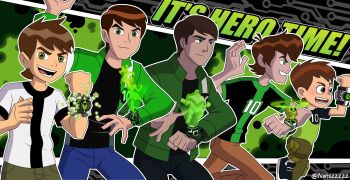 1boy absurdres age_progression ben_10 ben_10:_alien_force ben_10:_omniverse ben_10:_ultimate_alien ben_10_(reboot) ben_tennyson black_shirt blue_pants brown_hair brown_panties english_text four_arms_(ben_10) green_jacket green_pants green_shirt highres jacket long_sleeves messy_hair natsz_(natszzzzz) official_style omnitrix panties pants shirt shock_rock shocksquatch short_sleeves silhouette skurd_(ben_10) striped_clothes striped_shirt swampfire t-shirt two-tone_shirt ultimatrix underwear