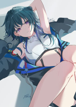 1girl arm_out_of_sleeve armpits black_hair black_jacket crop_top crossed_bangs ear_piercing earrings fur-trimmed_jacket fur_trim hair_between_eyes highres ichinose_uruha ichinose_uruha_(4th_costume) jacket jewelry knees_up looking_at_viewer lupinus_virtual_games lying midriff multicolored_hair okishiro on_back on_floor parted_lips partially_open_jacket piercing purple_eyes signature solo streaked_hair virtual_youtuber vspo!