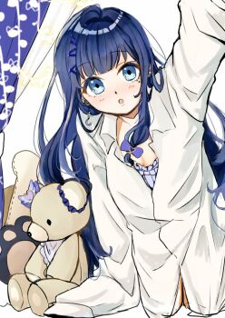 1girl aiba_uiha blue_eyes blue_hair commentary_request earrings hair_ornament hairclip jewelry long_hair long_sleeves mole nijisanji open_mouth piercing shirt sleeves_past_wrists solo stuffed_animal stuffed_toy teddy_bear virtual_youtuber white_shirt