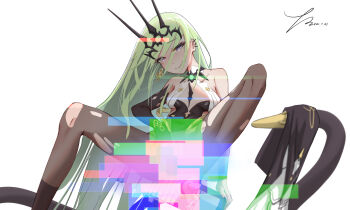 1girl absurdres asymmetrical_gloves black_gloves breasts brown_legwear cleavage closed_mouth crown earrings gloves green_eyes green_hair highres honkai_(series) honkai_impact_3rd jewelry jiabingdake_(user_eydp4355) long_hair looking_at_viewer mismatched_gloves mobius_(honkai_impact) signature simple_background single_sleeve smile soles solo static toes torn_clothes torn_legwear white_background