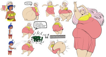 1boy 2girls absurdres adult_guu aged_up ass bandeau big_belly black_eyes blue_hair breasts burp cleavage dark-skinned_female dark-skinned_male dark_skin dress english_text fat fat_woman guu_(jungle_wa_itsumo) hare_(jungle_wa_itsumo) highres huge_ass huge_breasts jungle_wa_itsumo_hare_nochi_guu kyojiri_loli lambdaz large_breasts licking_lips long_hair mature_female midriff multicolored_hair multiple_girls multiple_views navel pink_dress pink_hair red_eyes scarf scarf_over_breasts shirt short_hair shorts skull sleeveless sleeveless_shirt smile speech_bubble thick_thighs thighs tongue tongue_out two-tone_hair vore weda weight_gain white_background white_hair white_shirt yellow_scarf