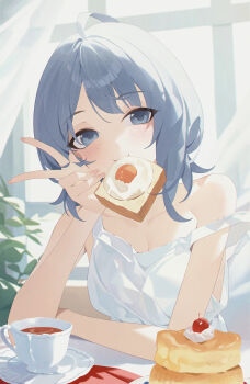 1girl absurdres ahoge blue_hair bread bread_slice breasts cherry commentary_request cup dress elbows_on_table food food_in_mouth fried_egg fried_egg_on_toast fruit highres indoors looking_at_viewer make_heroine_ga_oo_sugiru! medium_hair mouth_hold pancake sleeveless sleeveless_dress solo songyang_syouyou strap_slip toast toast_in_mouth v white_dress yanami_anna